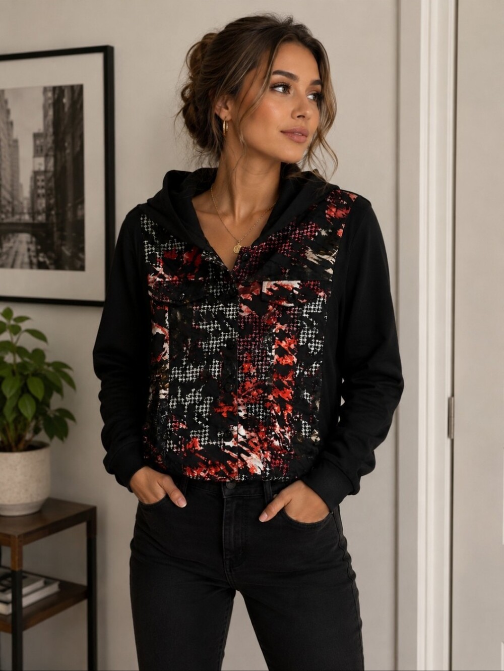 Simon Chang Black Hoodie Blazer with Red & White Abstract Print